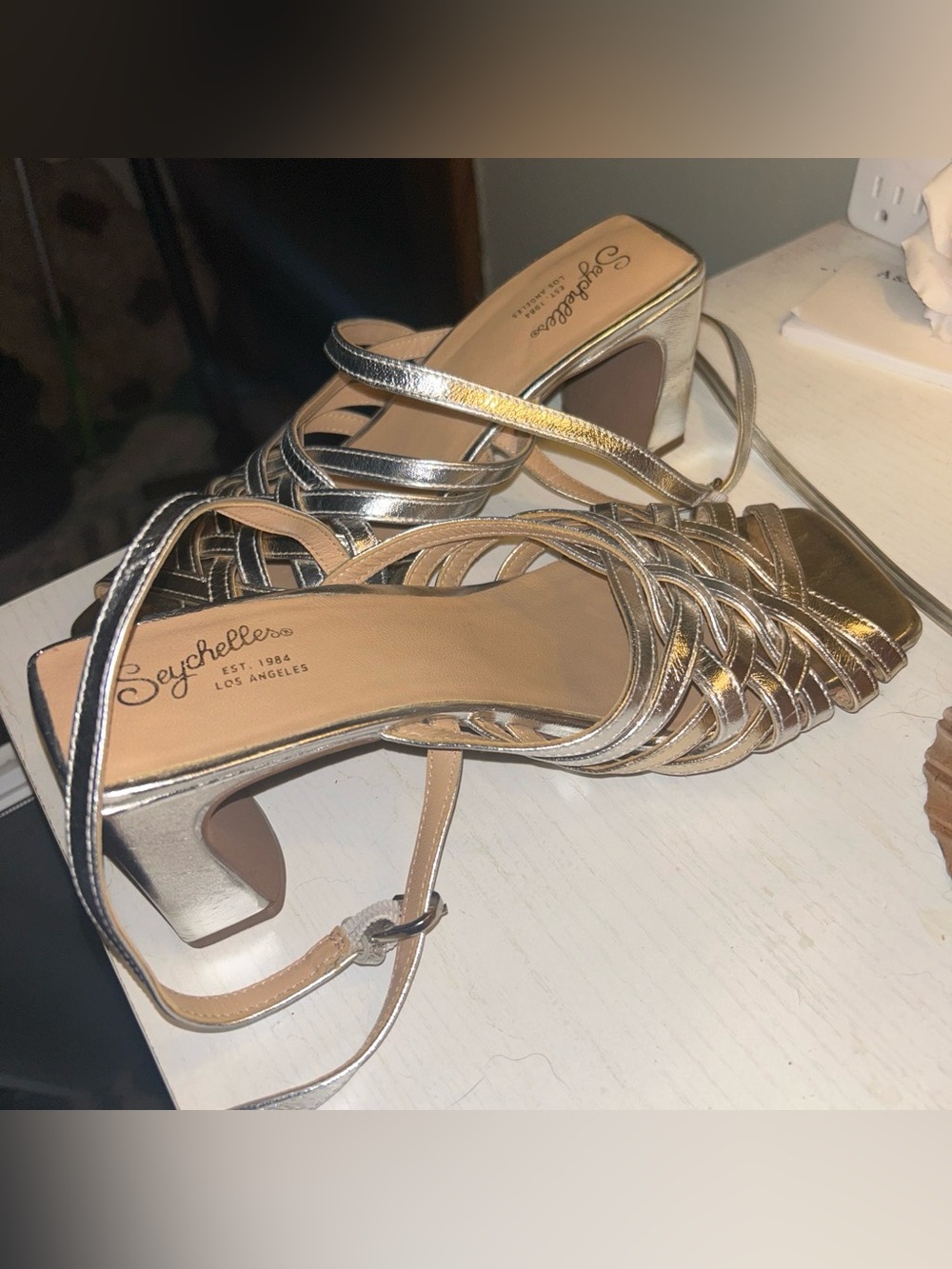 Seychelles Metallic Silver Strappy Block Heel Sandals